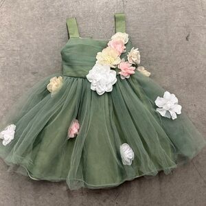 Sage Green Tuelle Dress with Satin Flowers Size 9-12 Months